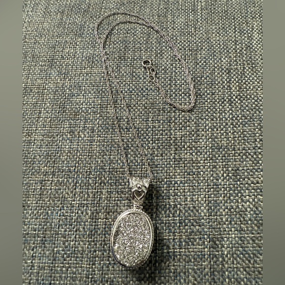 Jewelry - Sterling Silver 925 Druzy Heart Filigree Oval Agate Pendant Necklace